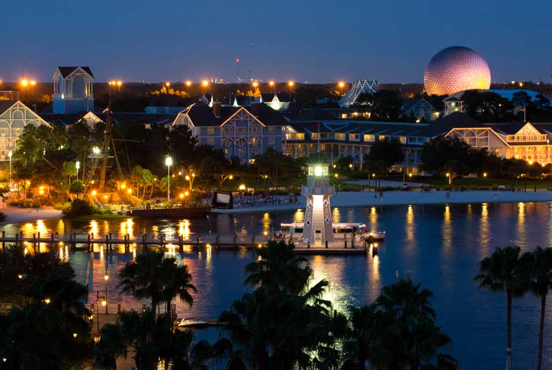 Walt Disney World Beach Club Resort at dusk | Start your Disney Travel Planning with Main Street Magic, LLC. Authorized Disney Travel Planners